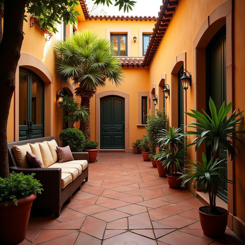 Relaxing in a peaceful Spanish courtyard as the sun sets