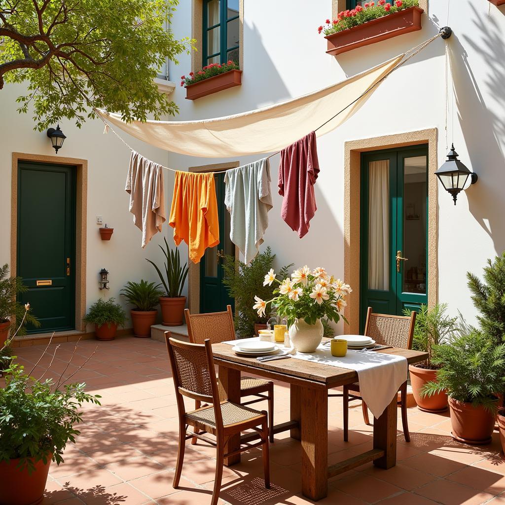 A traditional Spanish courtyard with a tendedero showcasing colorful linens and Zara Home décor items.