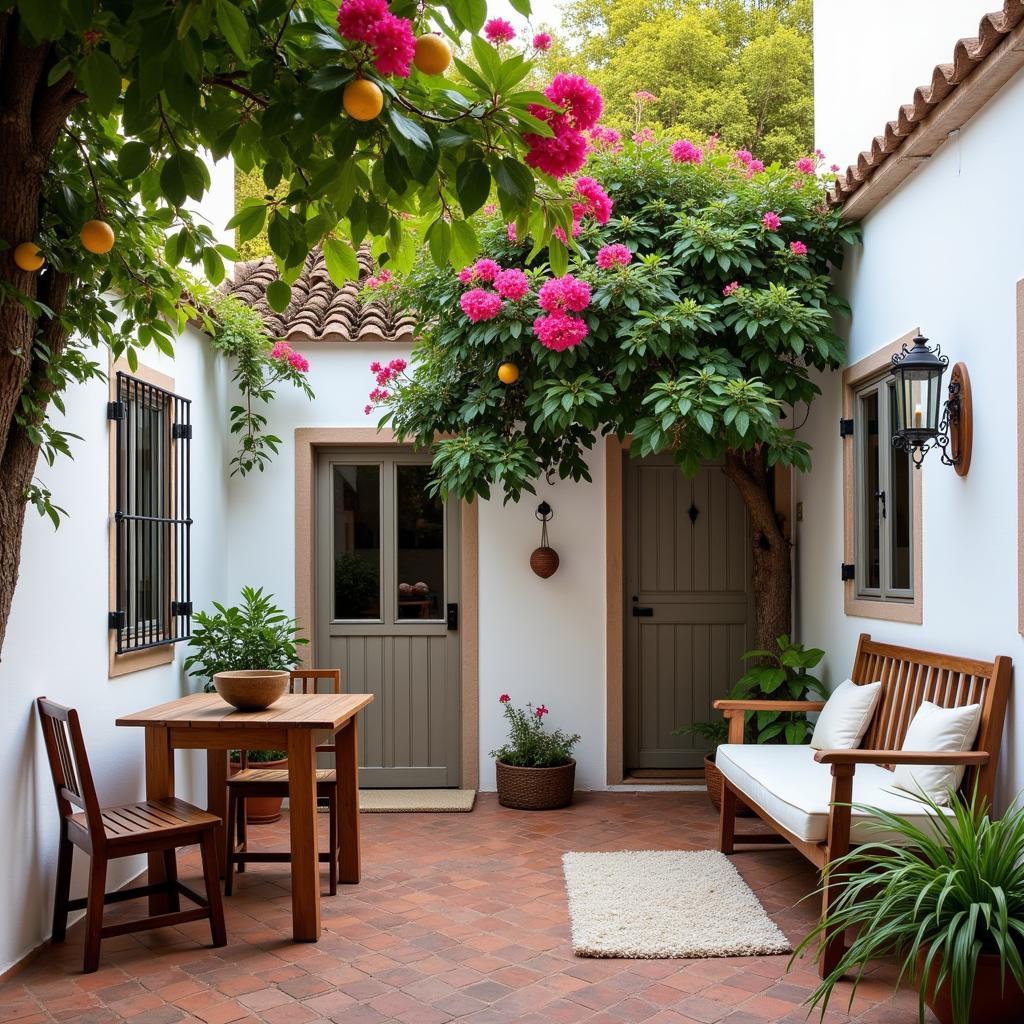 A tranquil Spanish courtyard featuring a "silla butaca" perfect for relaxation