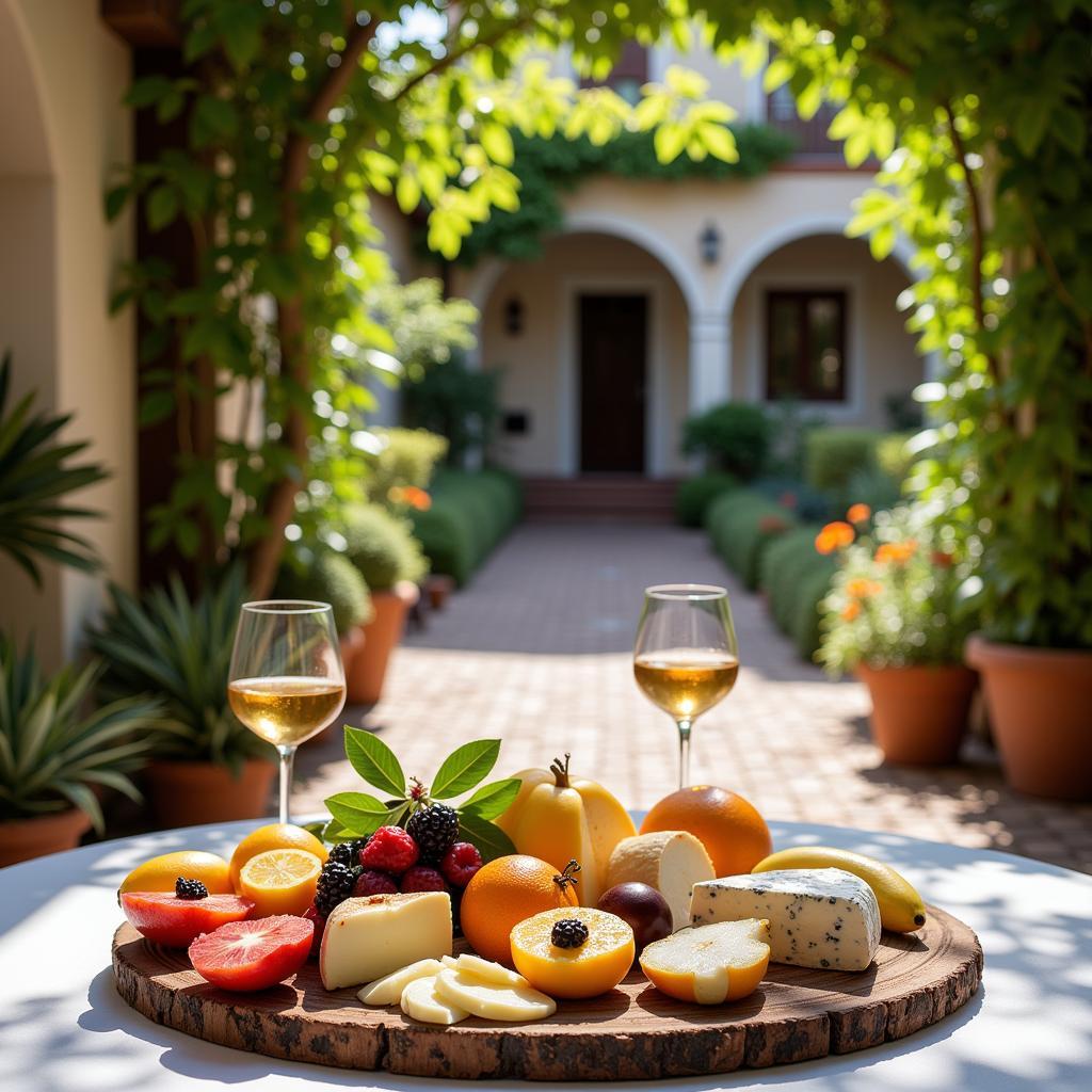 A traditional Spanish courtyard with a cesto con tapa as the centerpiece.