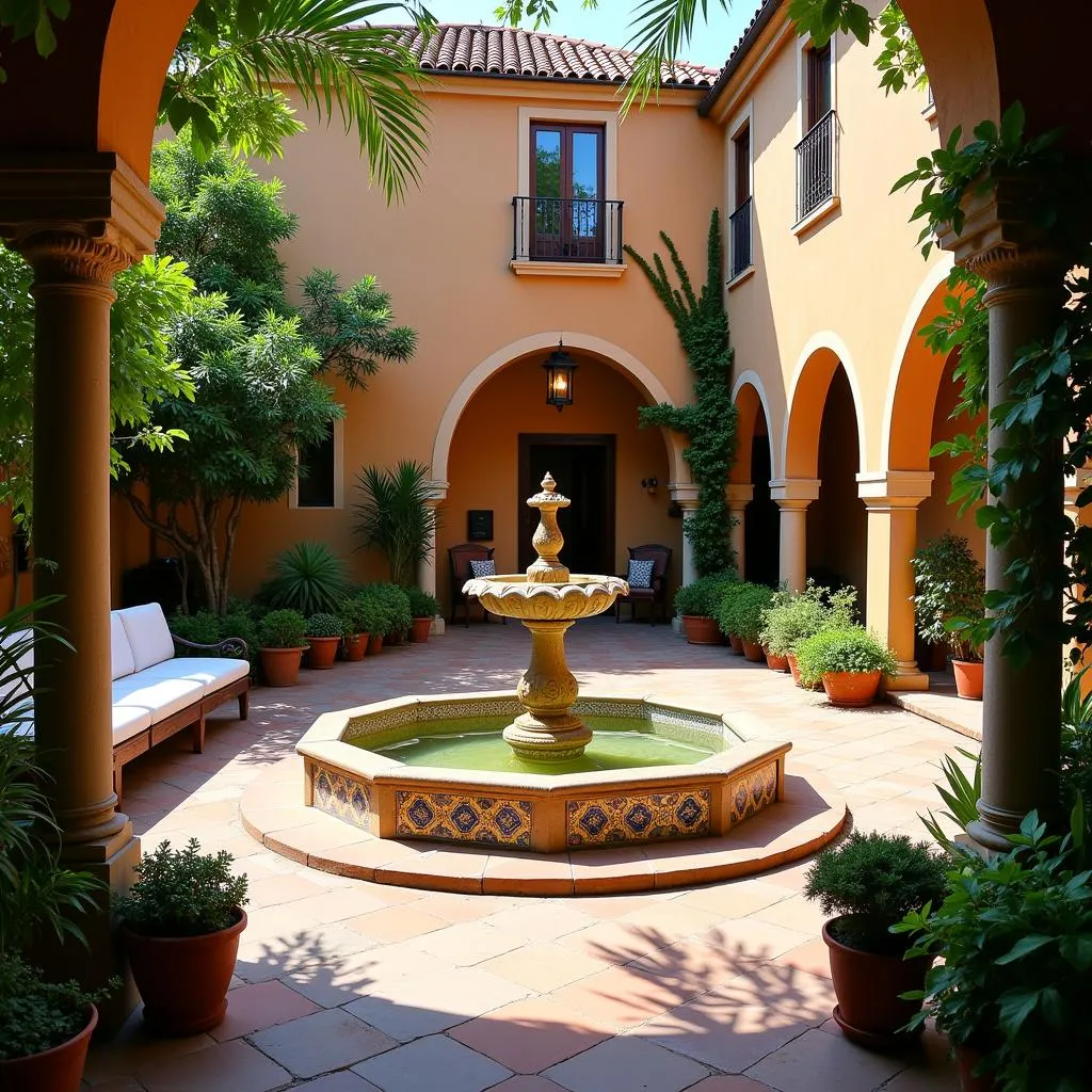 Spanish Courtyard with Intricate Tilework and a Relaxing Fountain