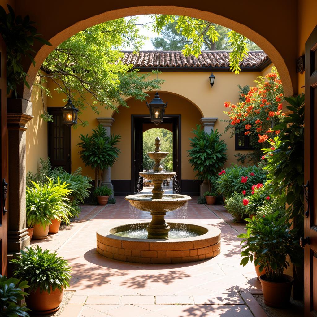 Traditional Spanish courtyard with a central fountain