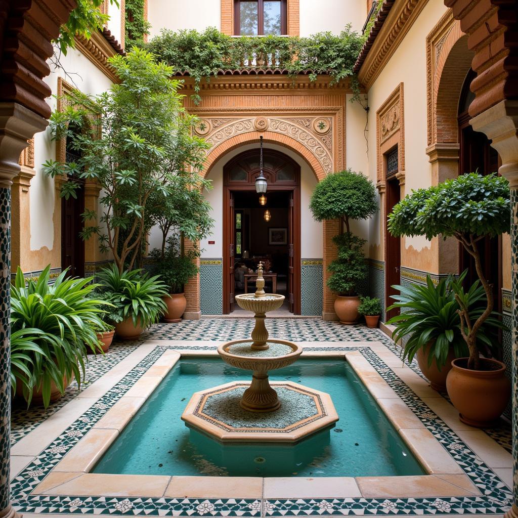 A Tranquil Spanish Courtyard with a Fountain