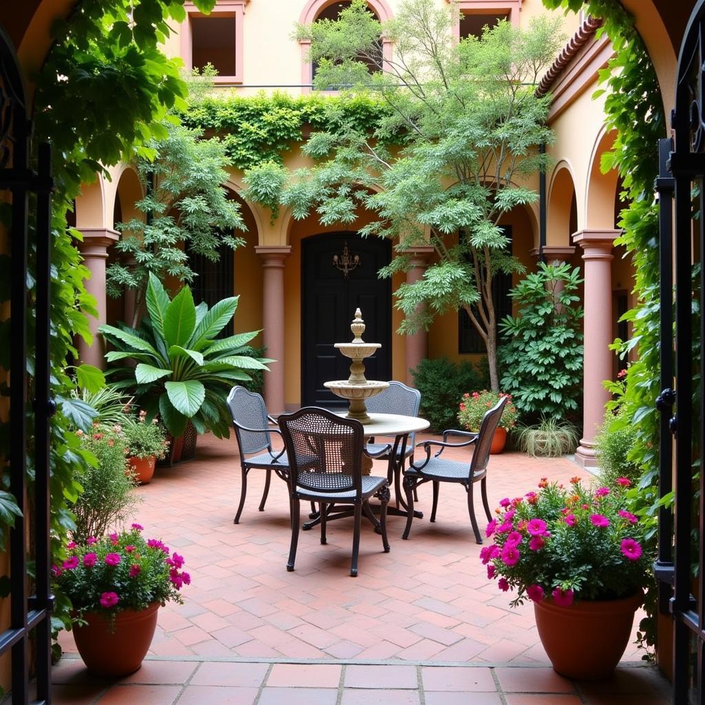 A serene Spanish courtyard with a fountain