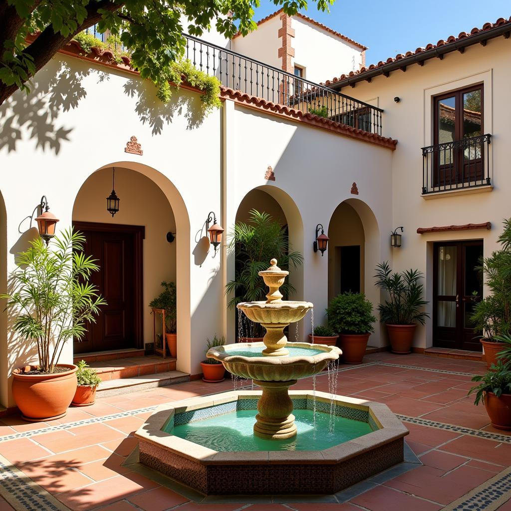 Traditional Spanish courtyard featuring a central fountain