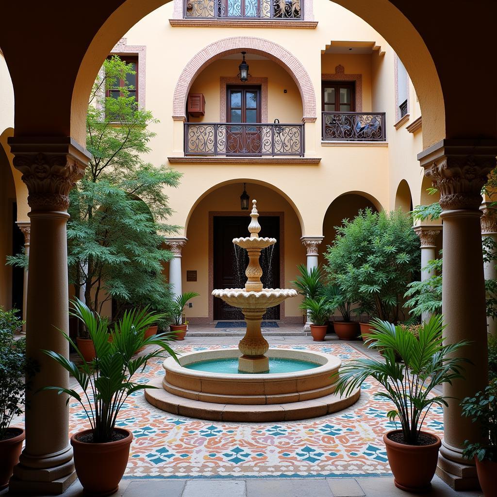 A peaceful Spanish courtyard with a traditional fountain and colorful tiles