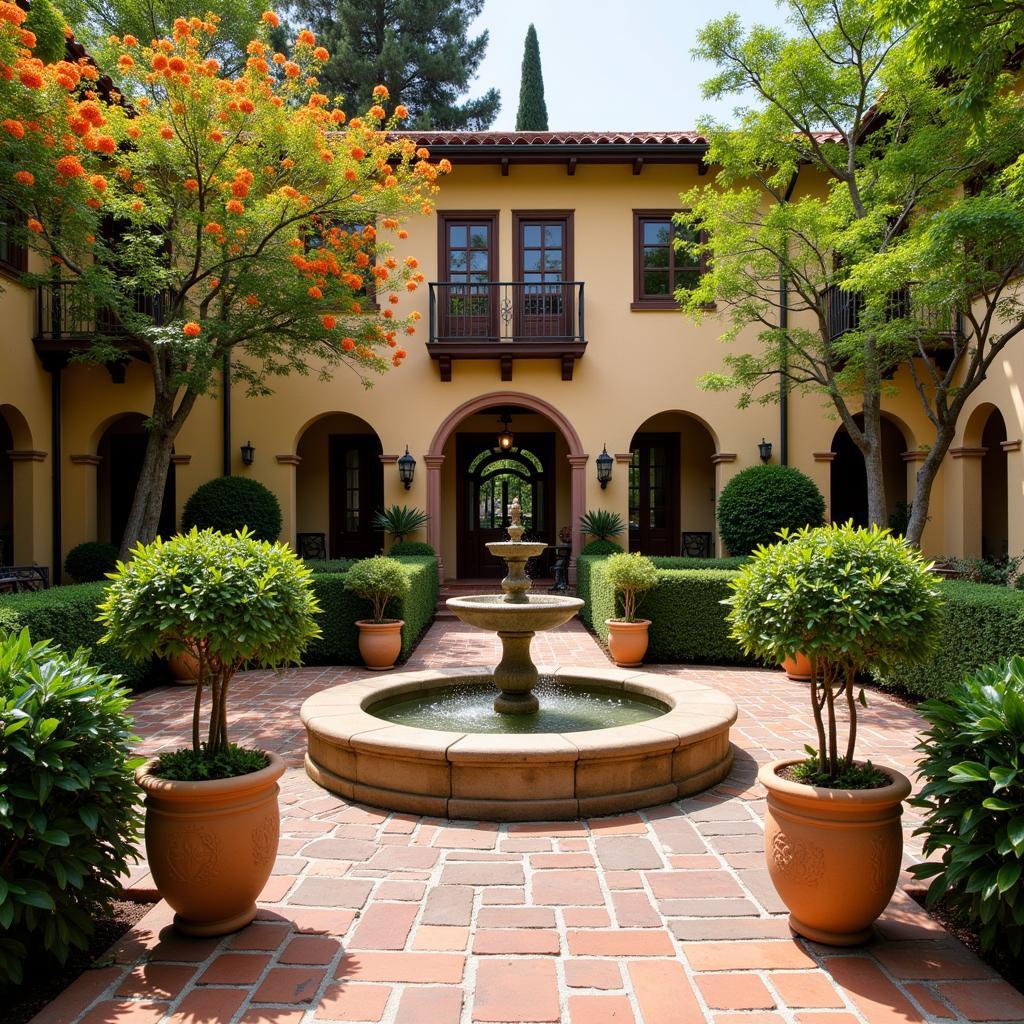 A traditional Spanish courtyard adorned with colorful tiles and a gurgling fountain