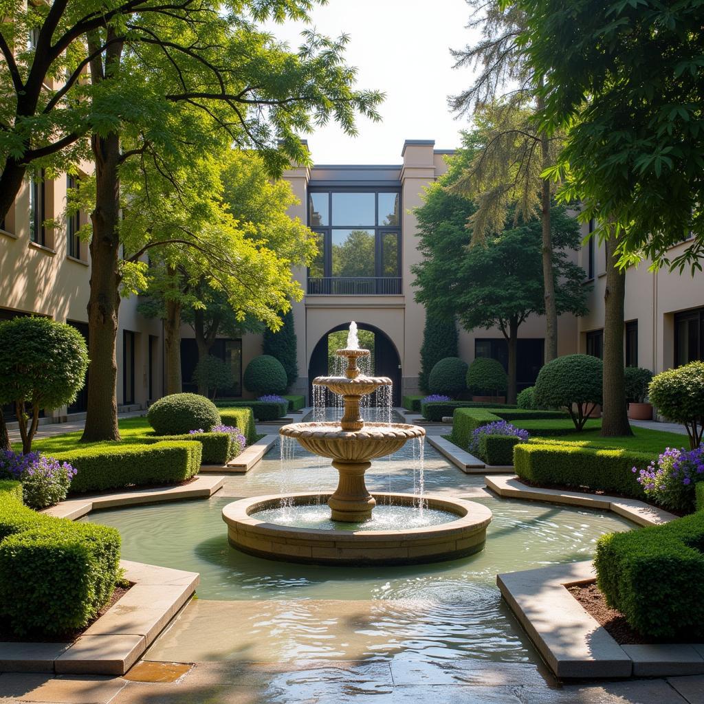 A tranquil courtyard in Spain featuring a central fountain