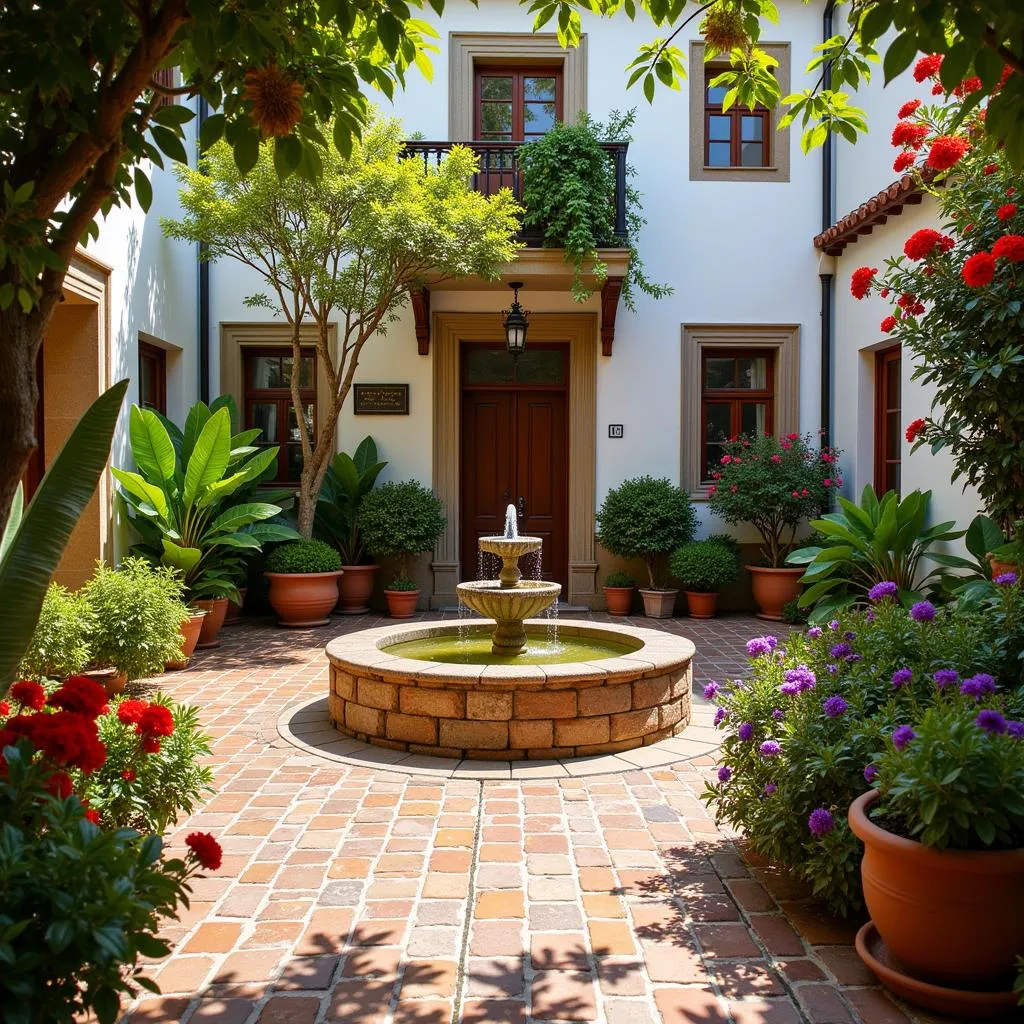 Spanish courtyard with fountain and flowers