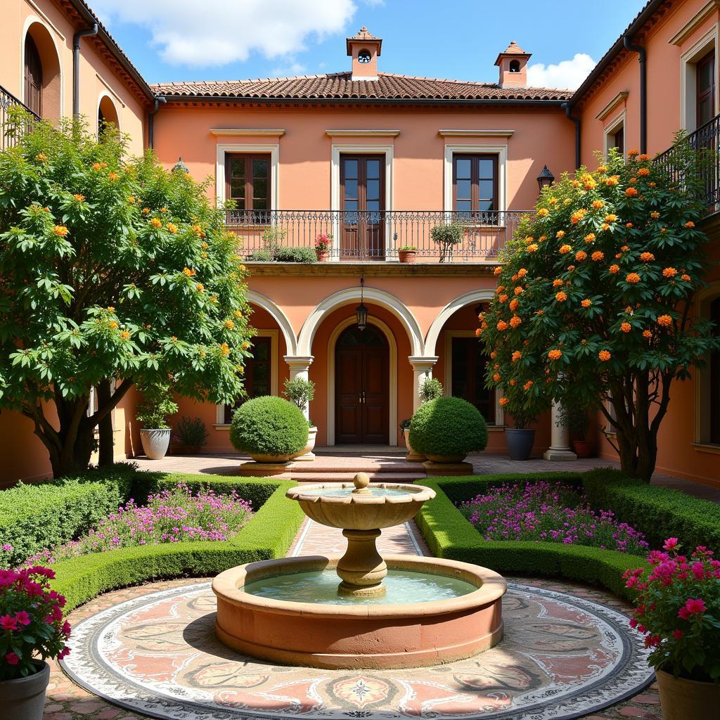 Charming Spanish courtyard with a fountain and flowers