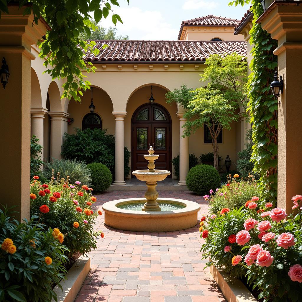 Spanish courtyard with a fountain and flowers