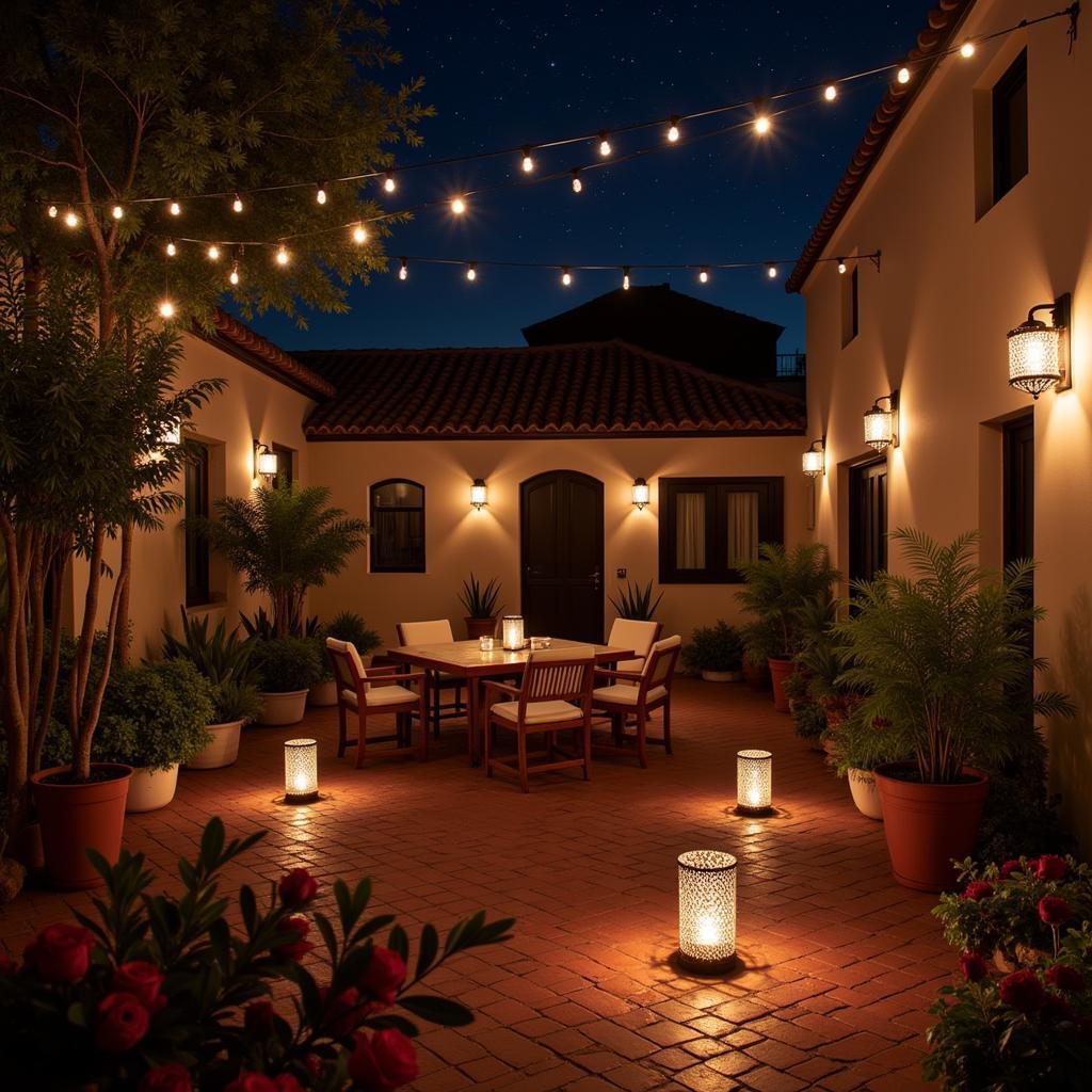 A traditional Spanish courtyard adorned with glowing faroles, casting a warm, inviting light.