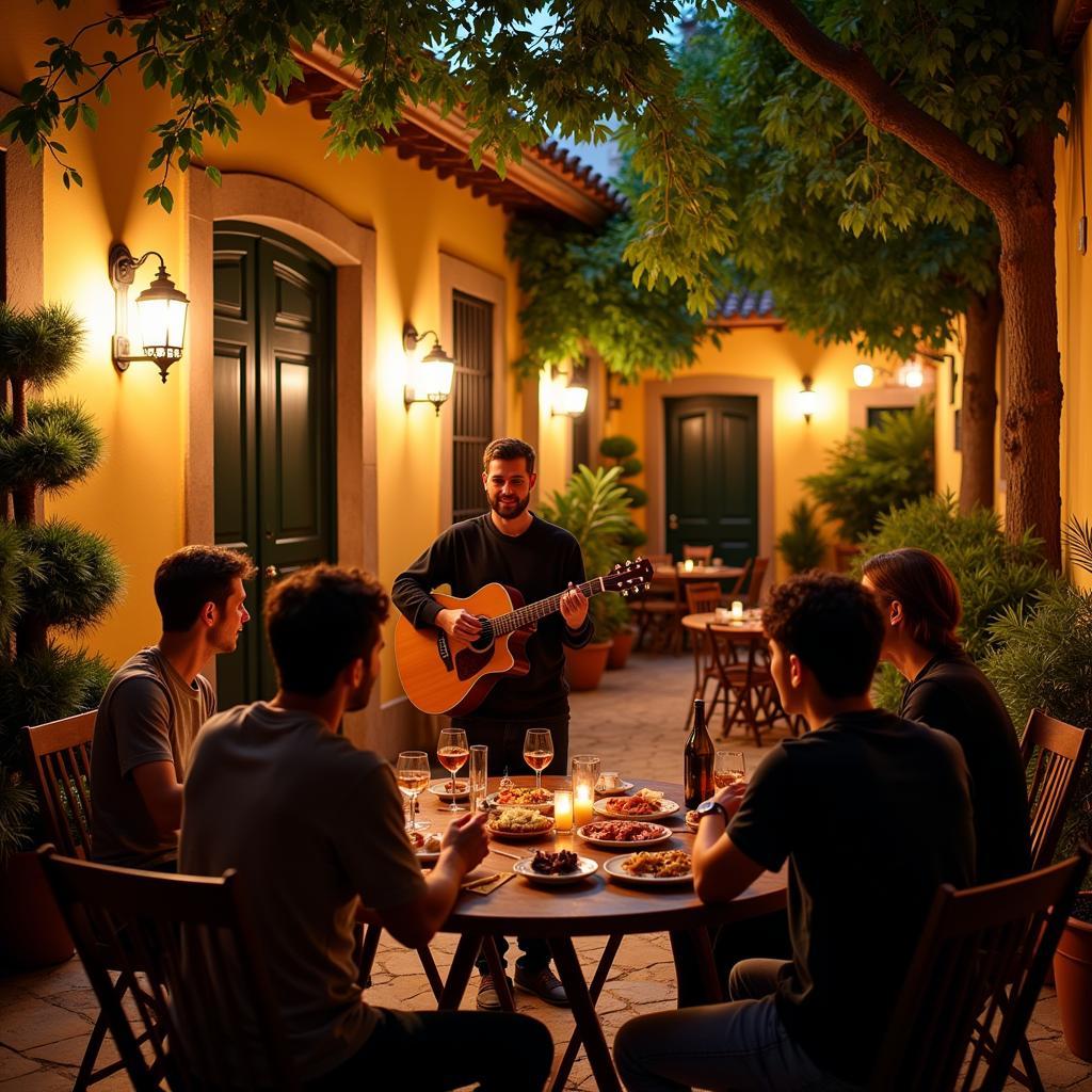 A traditional Spanish courtyard with a guitarist performing for a small group