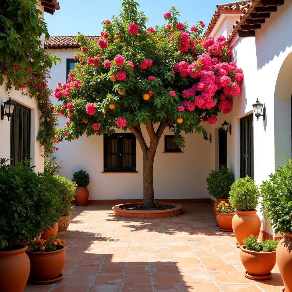 A serene Spanish courtyard with blooming orange trees and vibrant bougainvillea