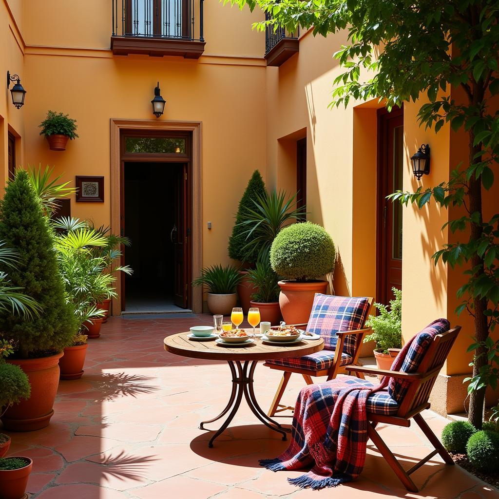 Cozy Spanish Courtyard with Plaid Blanket