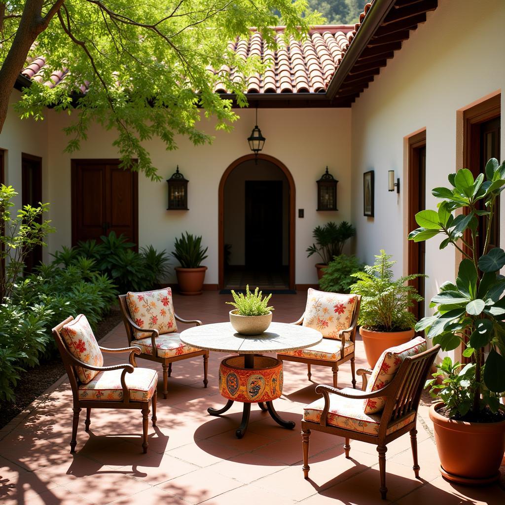 A charming Spanish courtyard with a table, chairs, and potted plants