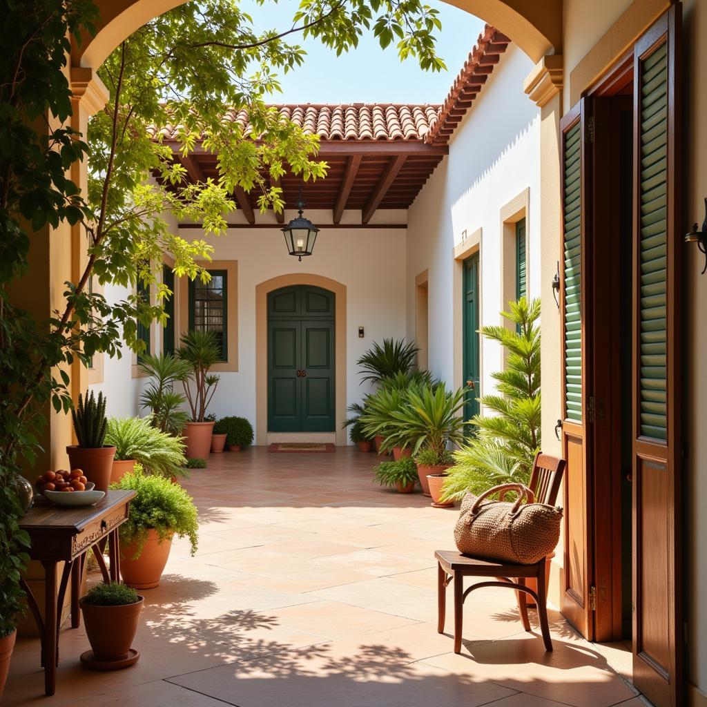 A tranquil Spanish courtyard with a Zara Home bolsa porta alimentos casually hanging on a chair