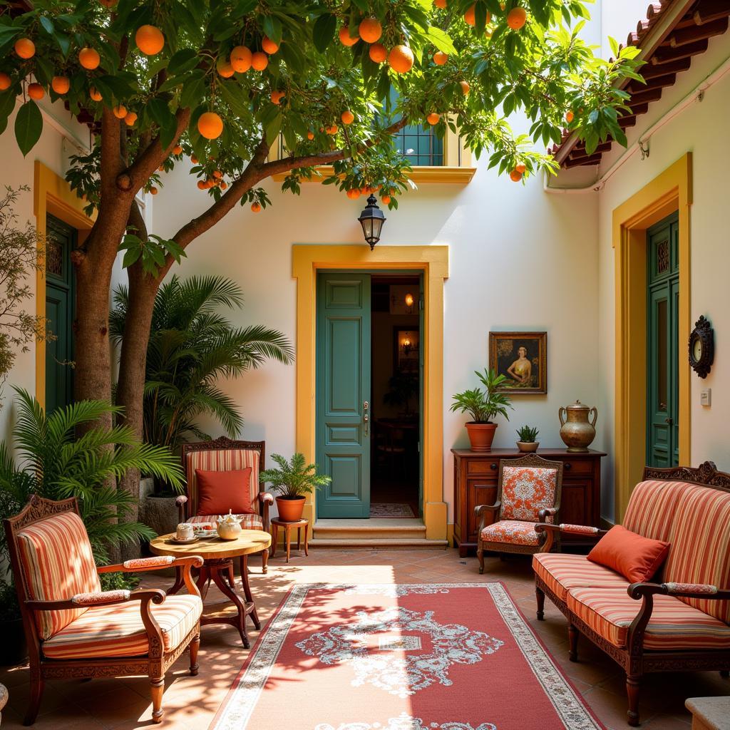 A charming Spanish courtyard adorned with vibrant textiles and furnishings reminiscent of Zara Home's rebajas collections.