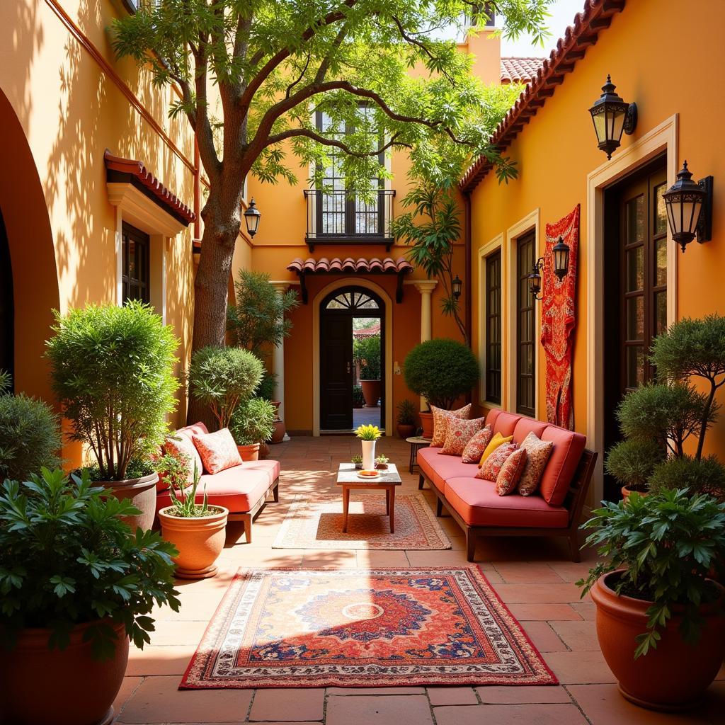 A sun-drenched courtyard with vibrant blue tiles and wrought iron accents, decorated with colorful textiles and lanterns from Zara Home.