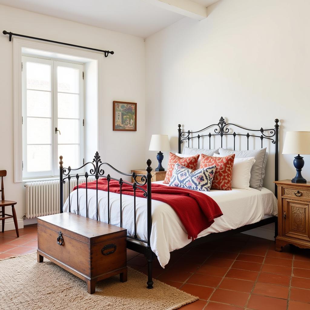 A Spanish-style bedroom with a wrought iron bed frame and vibrant textiles.