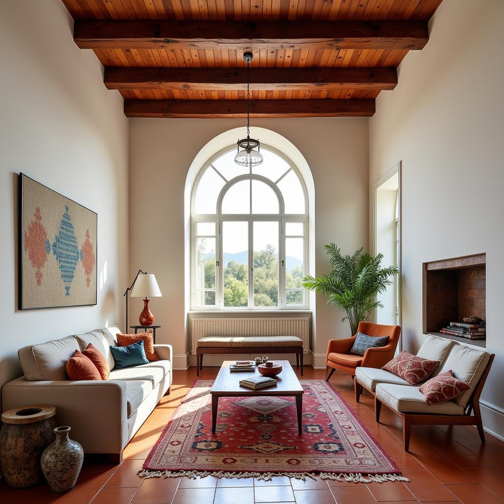 A Spanish-style living room with exposed beams and a mix of modern and vintage furniture.