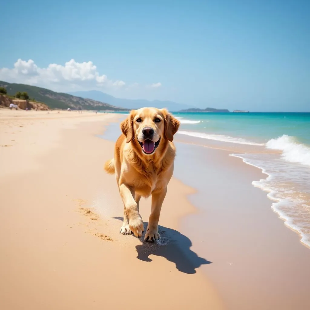 A happy dog running on a beautiful Spanish beach