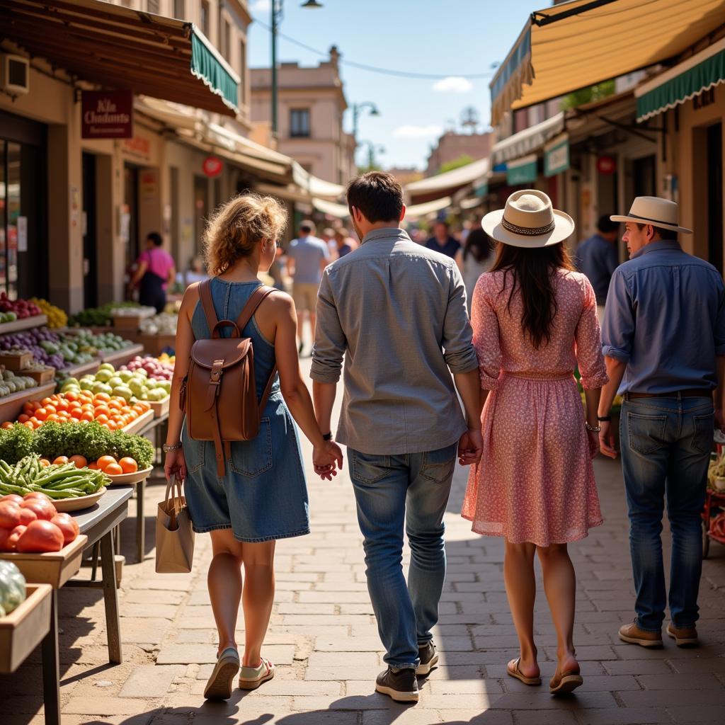 Spanish family and their guest exploring a local market