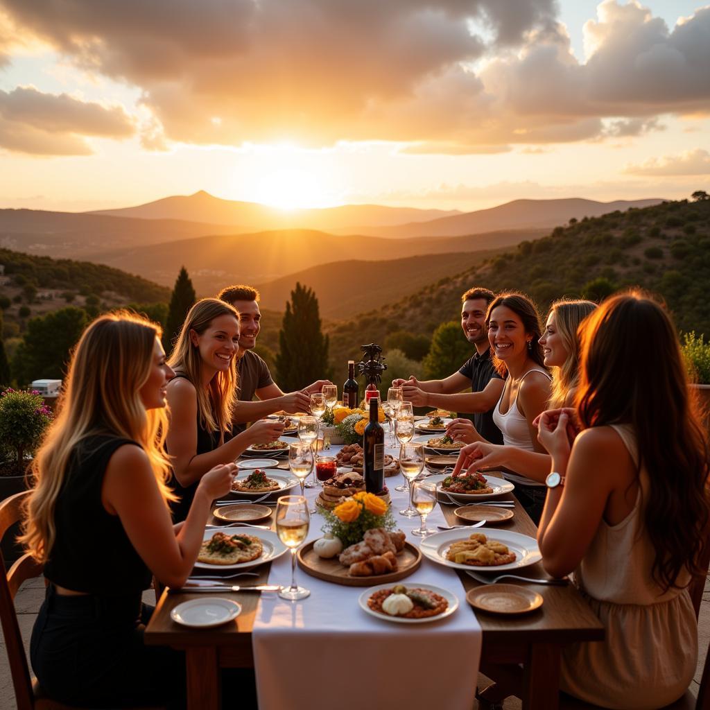 Spanish family and guests enjoying dinner on terrace