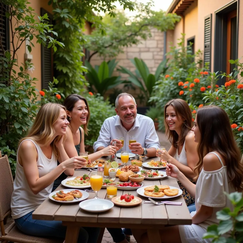 Spanish Family and Guests Sharing a Meal on an Outdoor Patio Surrounded by Lush Greenery