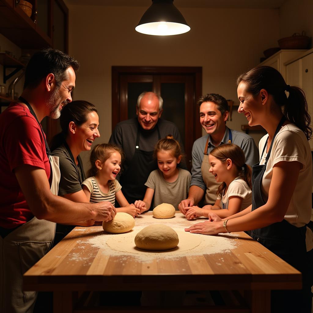 Spanish family baking bread together