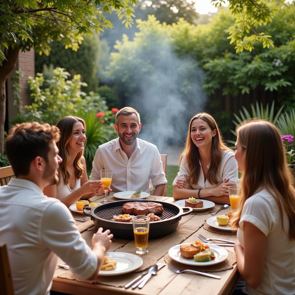 A Spanish family enjoys a barbecue in their garden