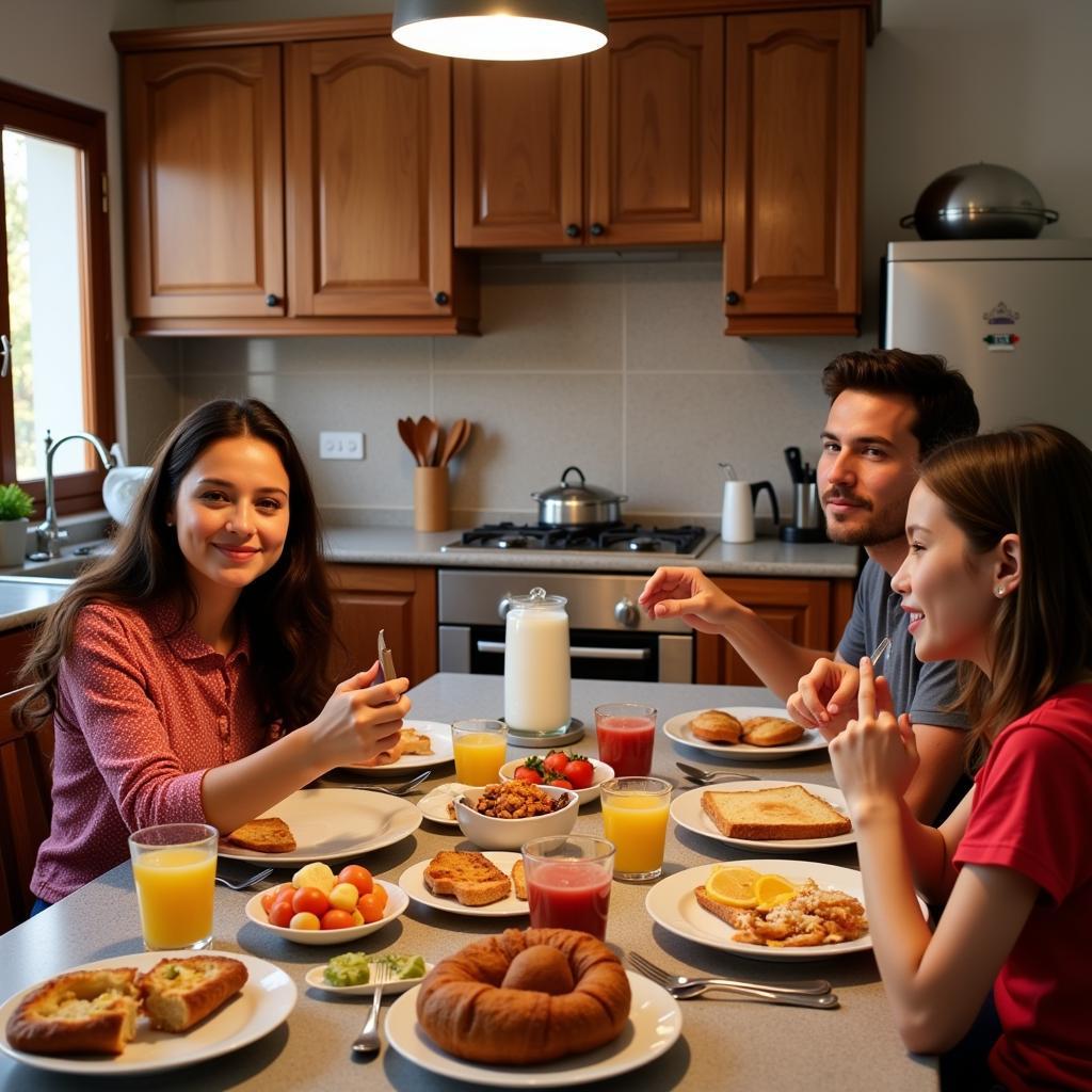 Family enjoying breakfast in a Spanish kitchen