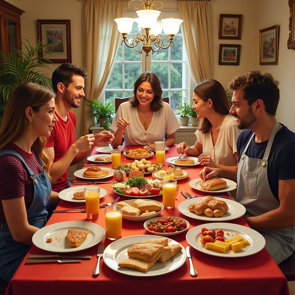 Family enjoying breakfast in a traditional Spanish kitchen