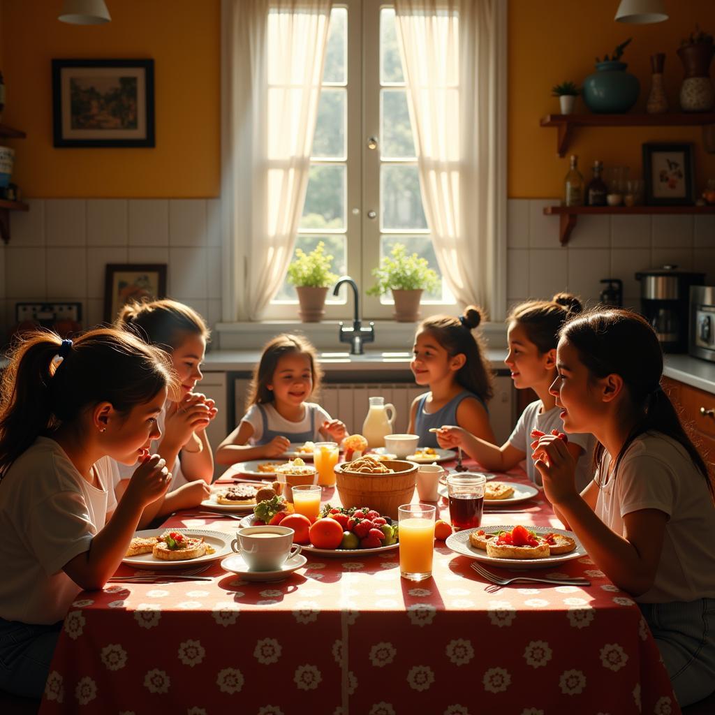 Family Enjoying Traditional Spanish Breakfast