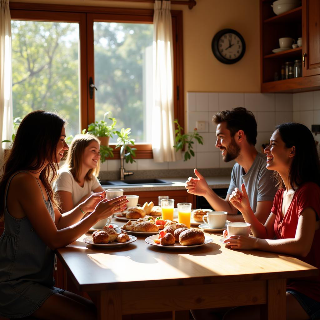 Spanish Family Enjoying Breakfast Together in a Homestay