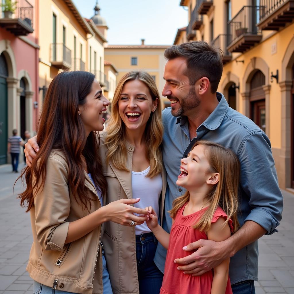 Family Celebrating in a Spanish Plaza