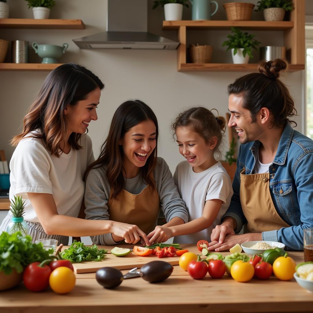 A Spanish family preparing a meal together in their kitchen