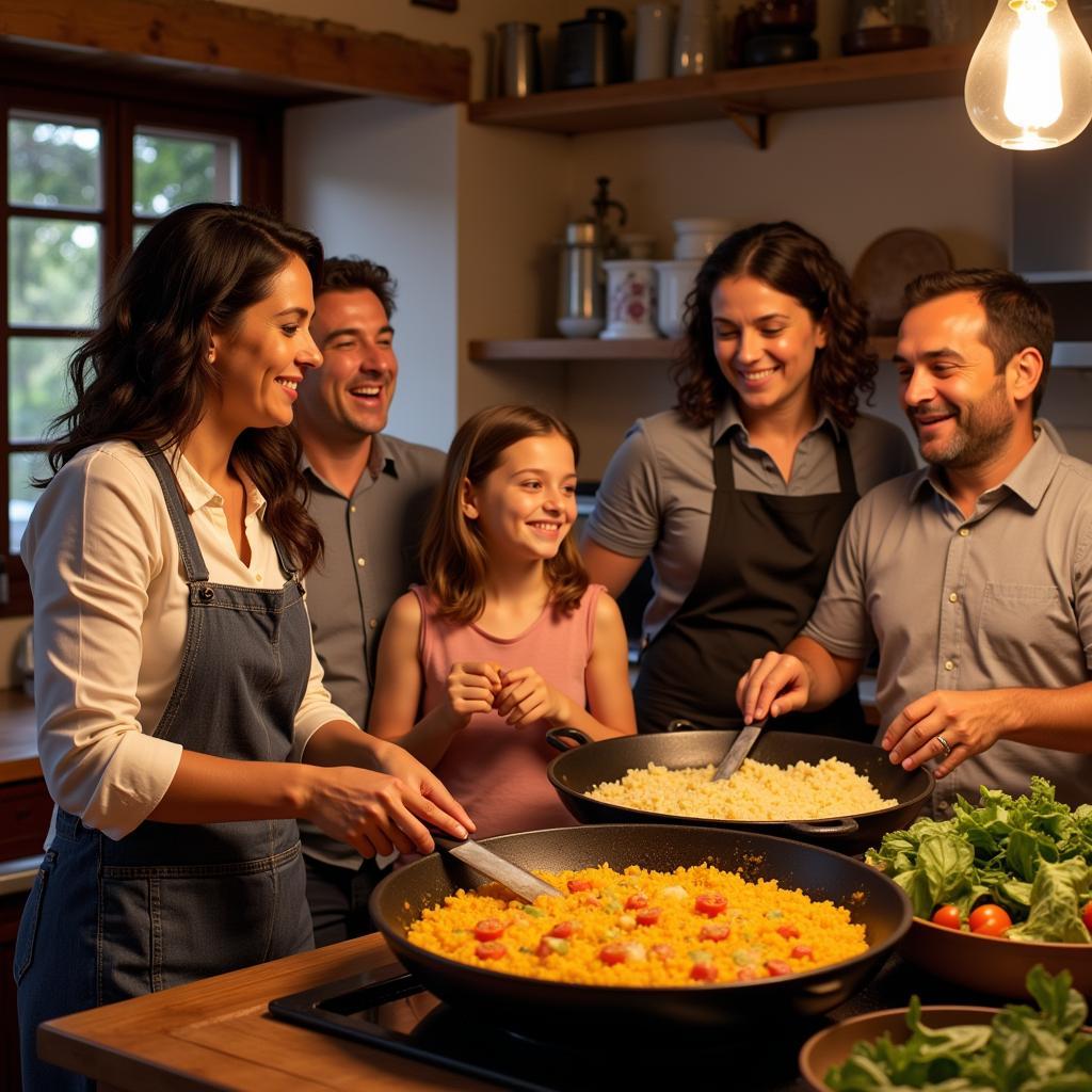 Family Cooking Paella in a Spanish Kitchen