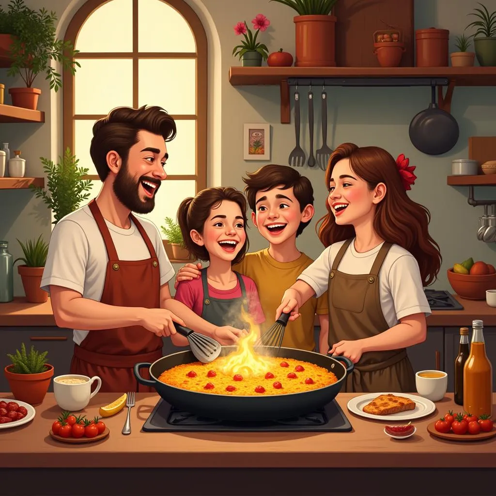 Family cooking paella together in a Spanish home kitchen