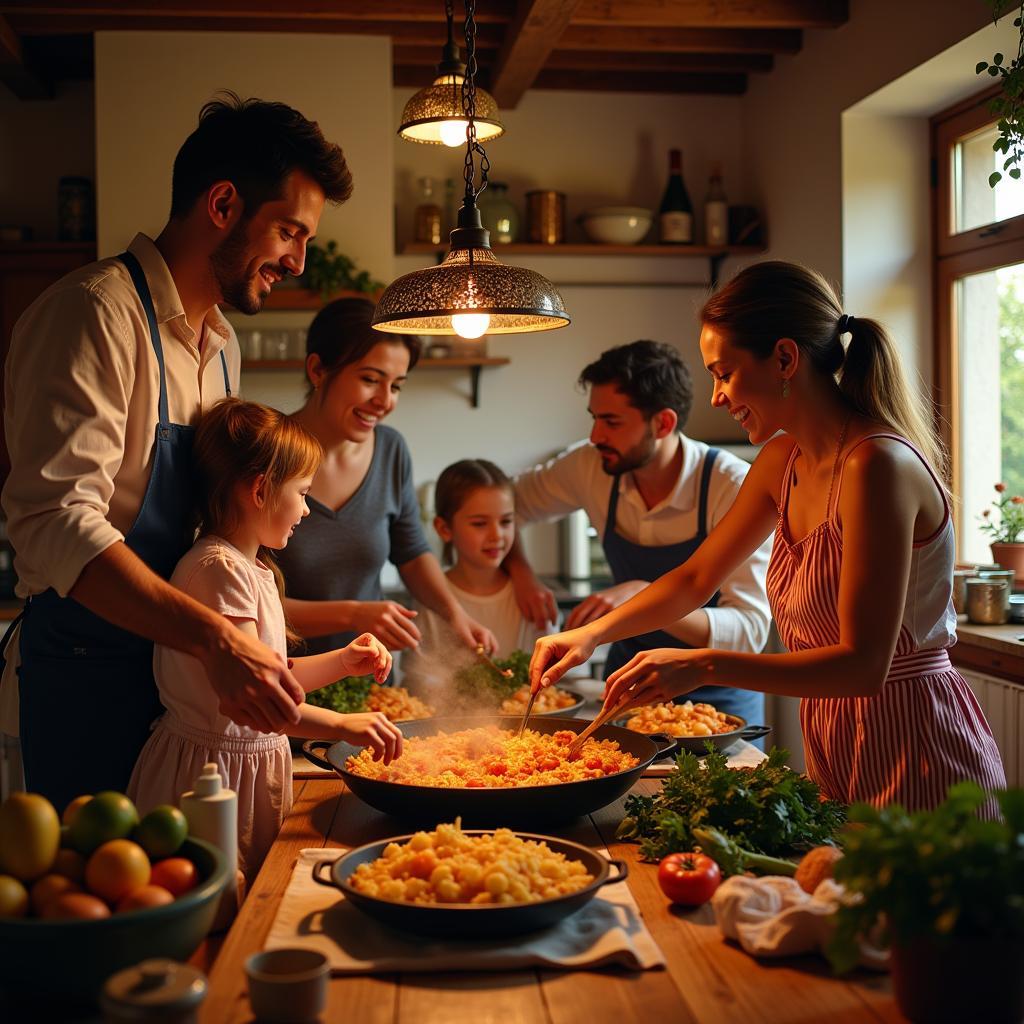 Spanish family preparing paella in their home kitchen