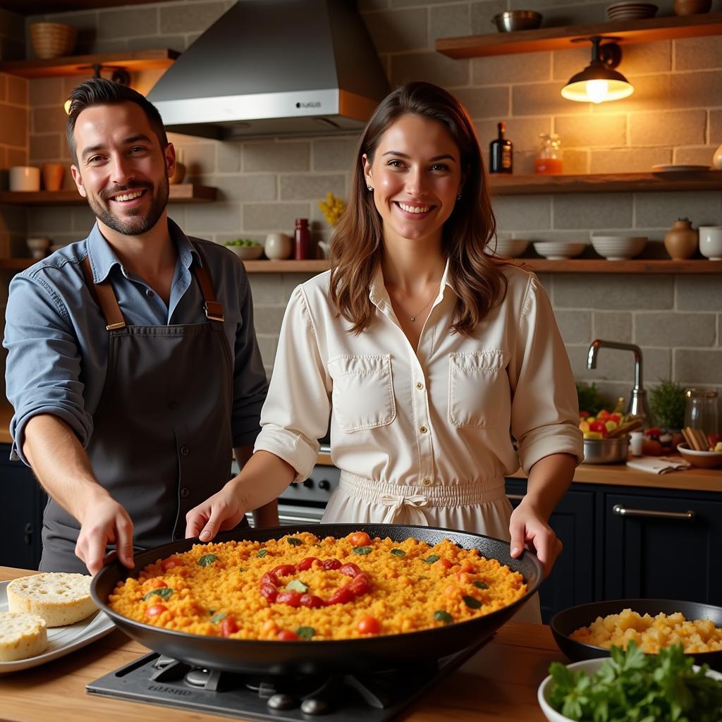 A Spanish family smiles as they cook paella together in their home kitchen.