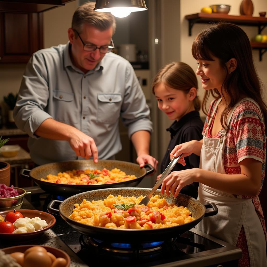 A Spanish family smiling and preparing paella together in a home kitchen