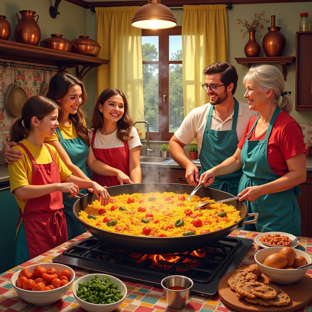 Family cooking paella in a traditional Spanish kitchen