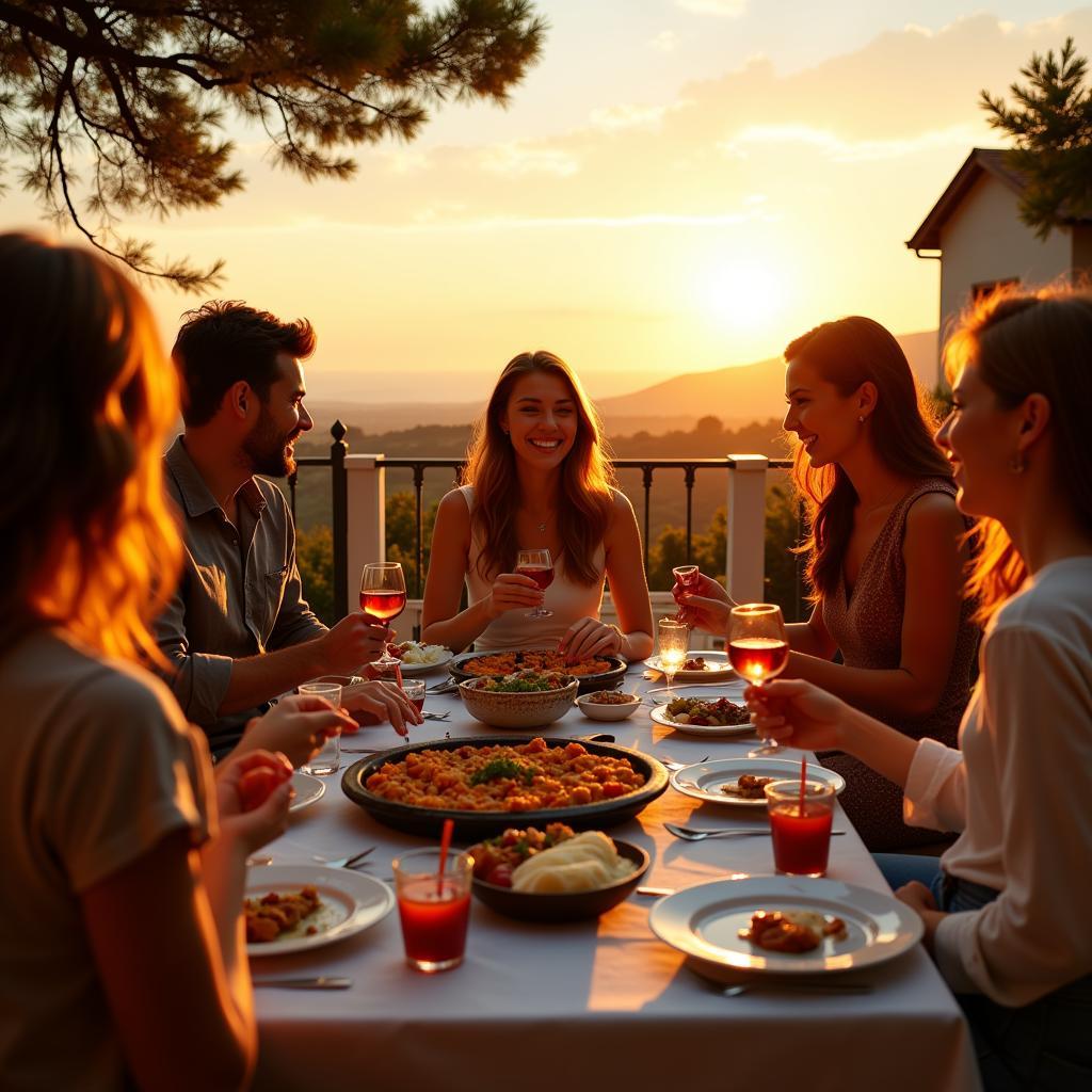 Family Enjoying Home Cooked Paella in Spain