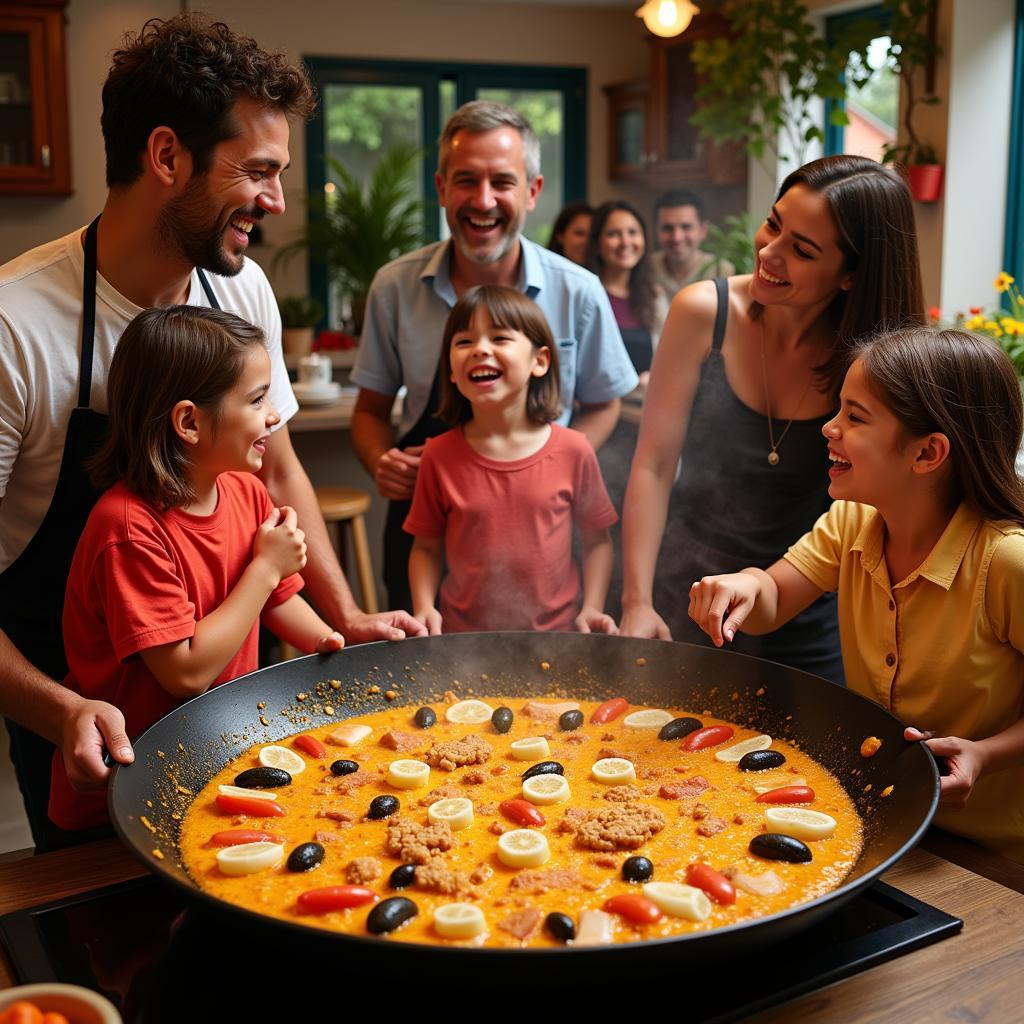 A Spanish family prepares paella together in their home kitchen