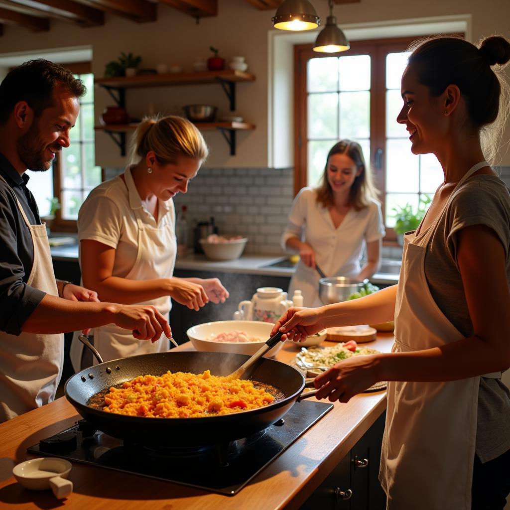 A Spanish family smiles as they cook paella together in their home kitchen