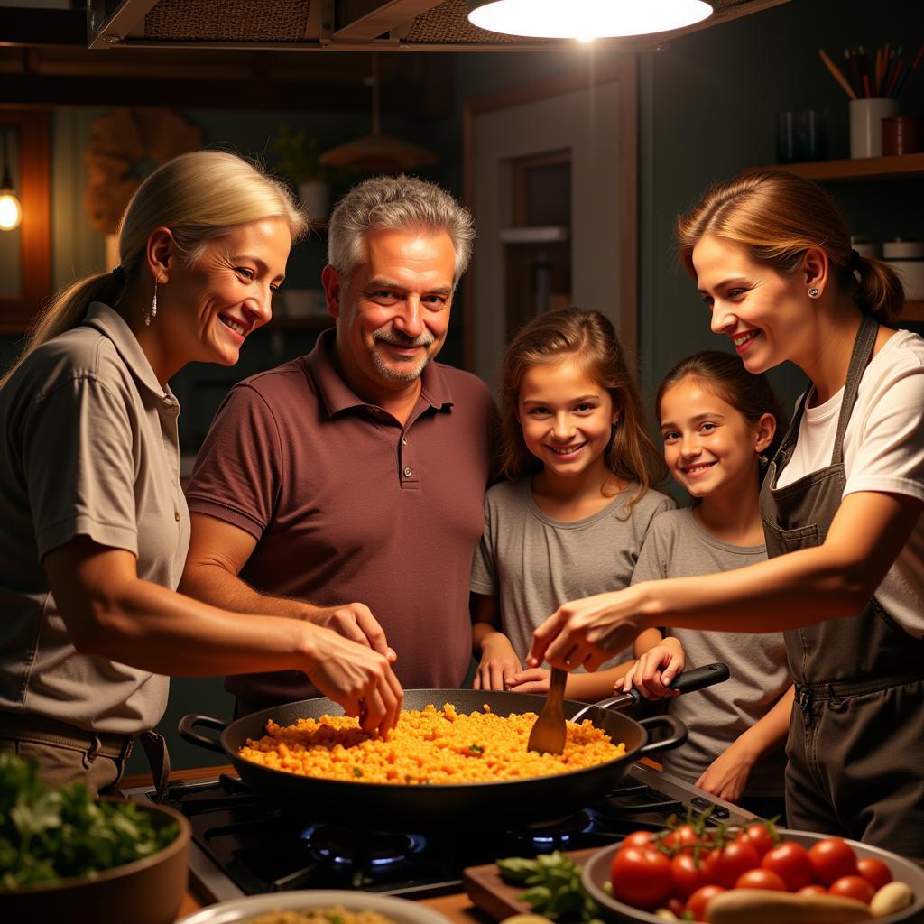 A Spanish family smiles as they cook paella together in their home kitchen