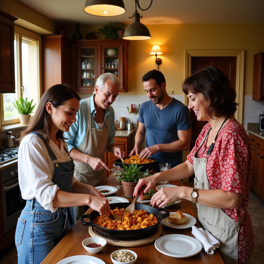 A Spanish family gathered around a paella pan, laughing and chatting as they cook together in a cozy kitchen