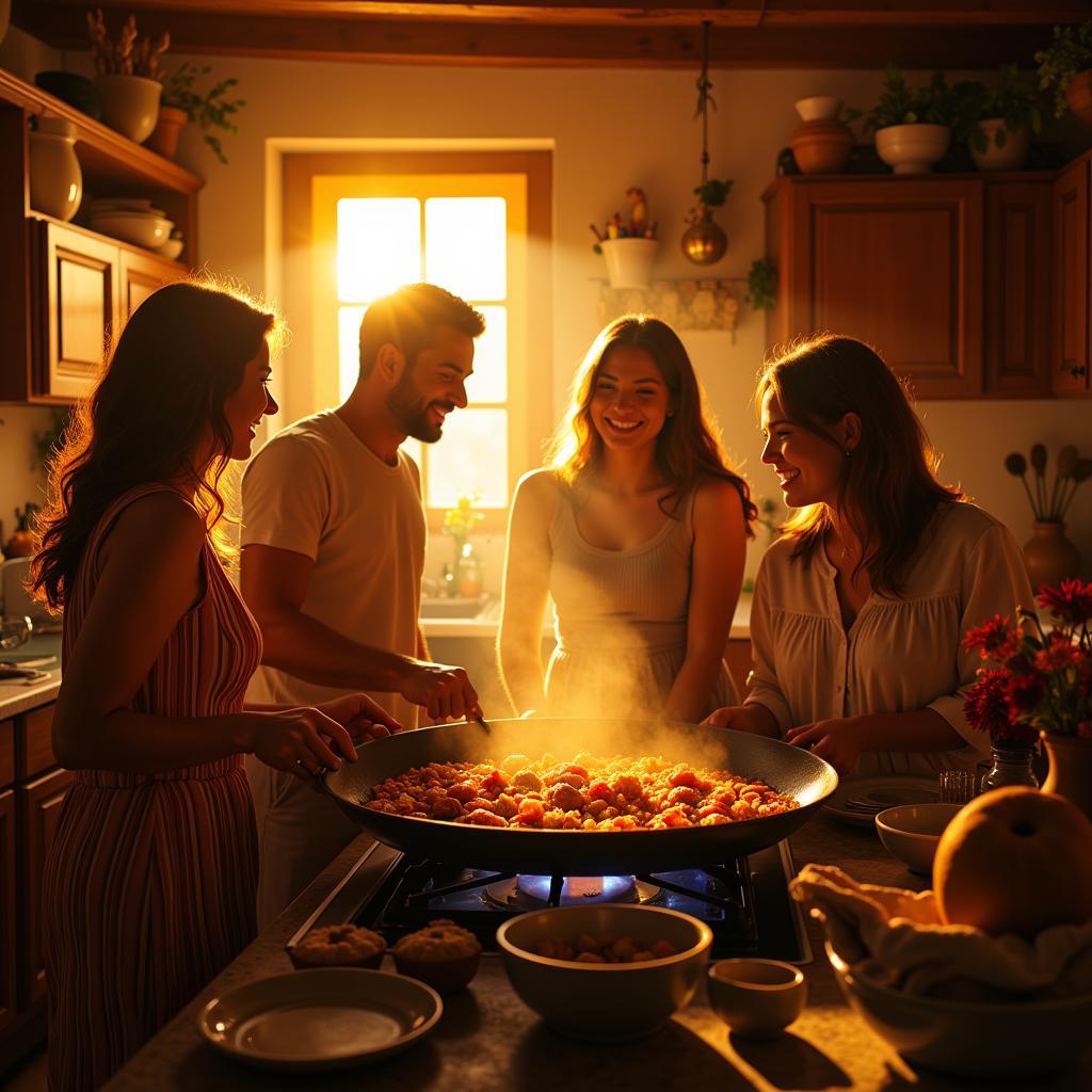 A Spanish family smiles while cooking paella together in their home kitchen.