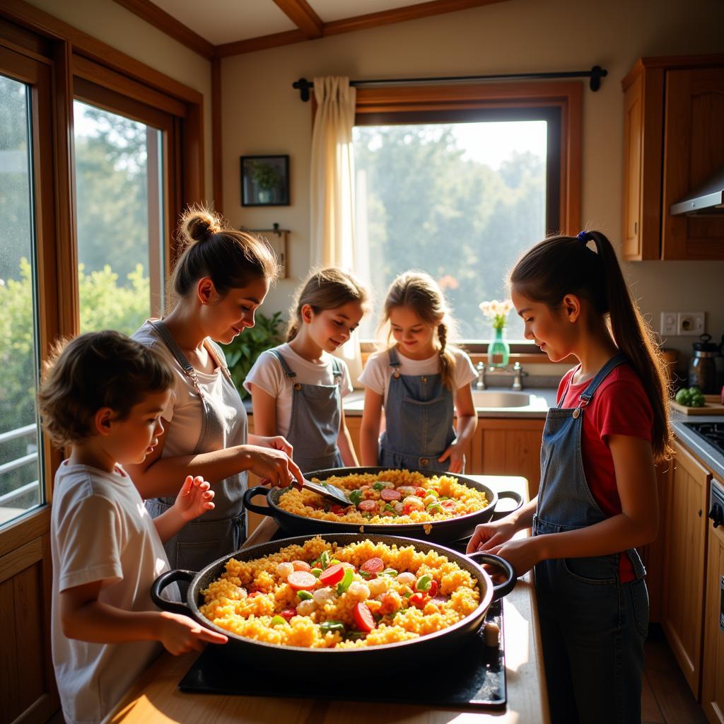 A Spanish family prepares Paella in their mobile home